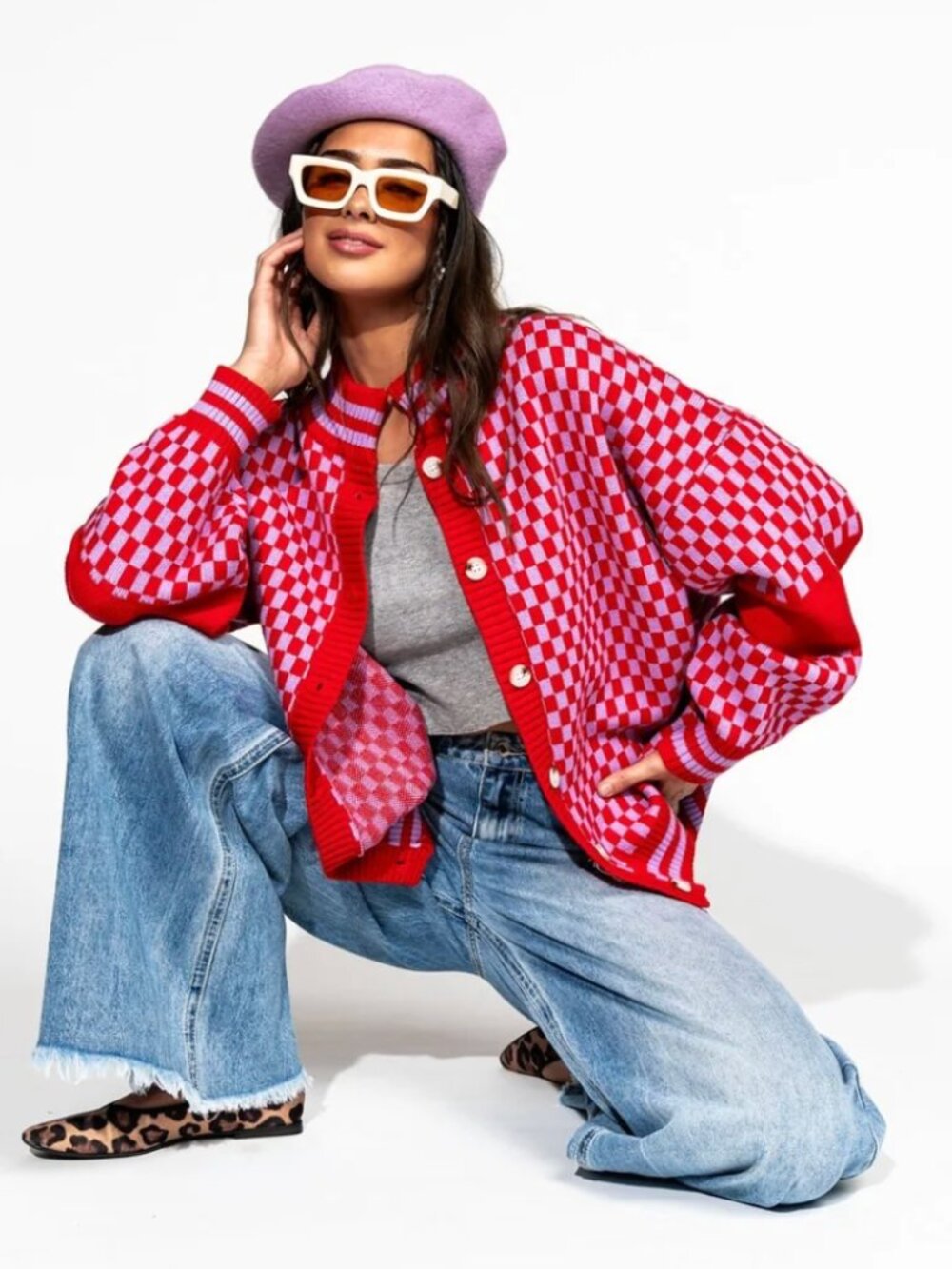 Dressed In Lala Oversized Grandpa Cardigan | Red + Lavender (L/XL)